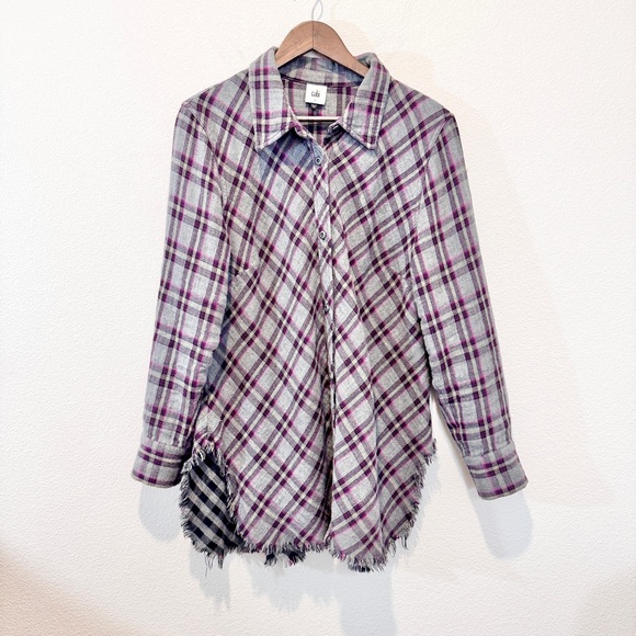 Cabi Highland Shirt #3946 Gray Pink Black Plaid Flannel Shacket Fringe Large - Picture 2 of 11